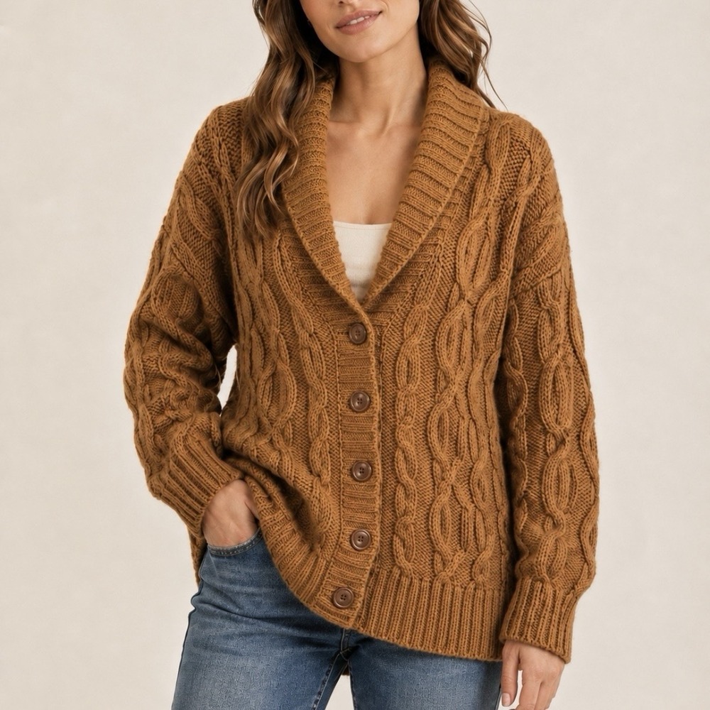 LL Bean Tan Cable Knit Wool Blend Button Cardigan Sweater Shawl Collar XL